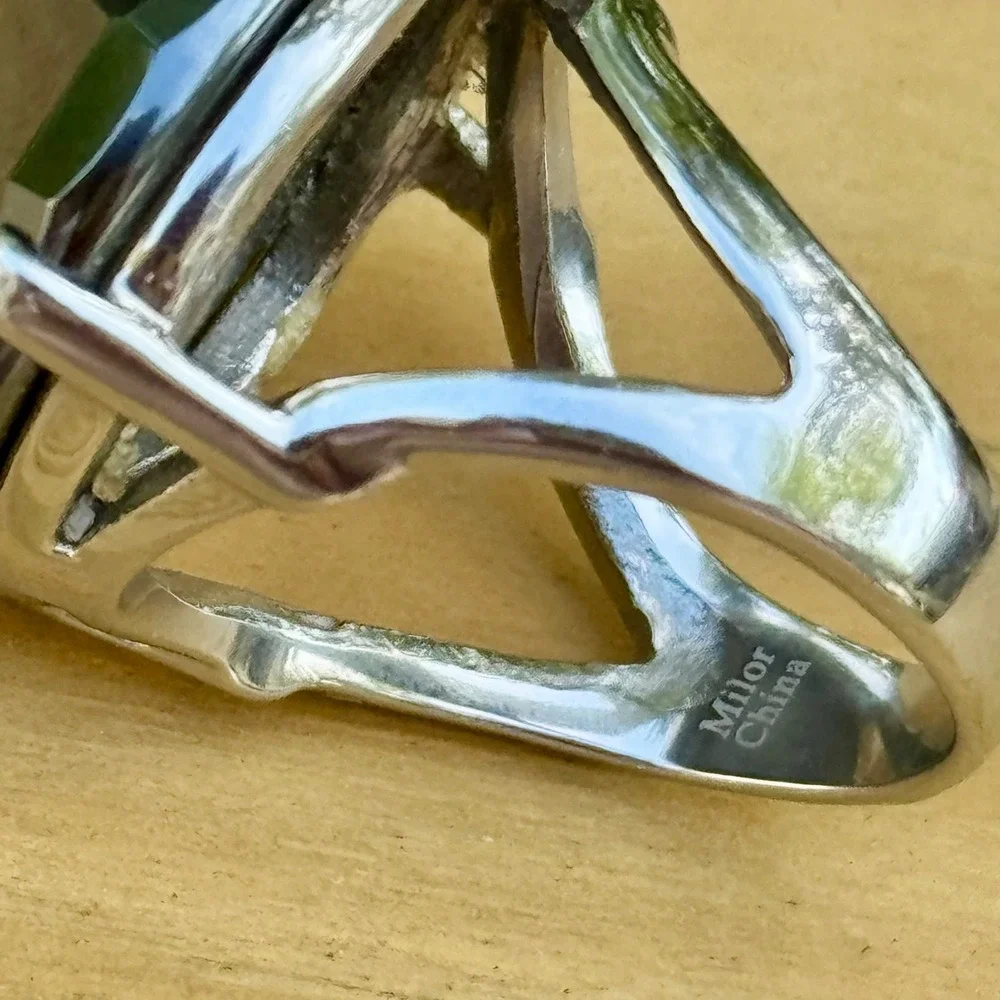 Milor China Silver Tone Hematite Checkerboard Faceted Round Cocktail Ring Size 9